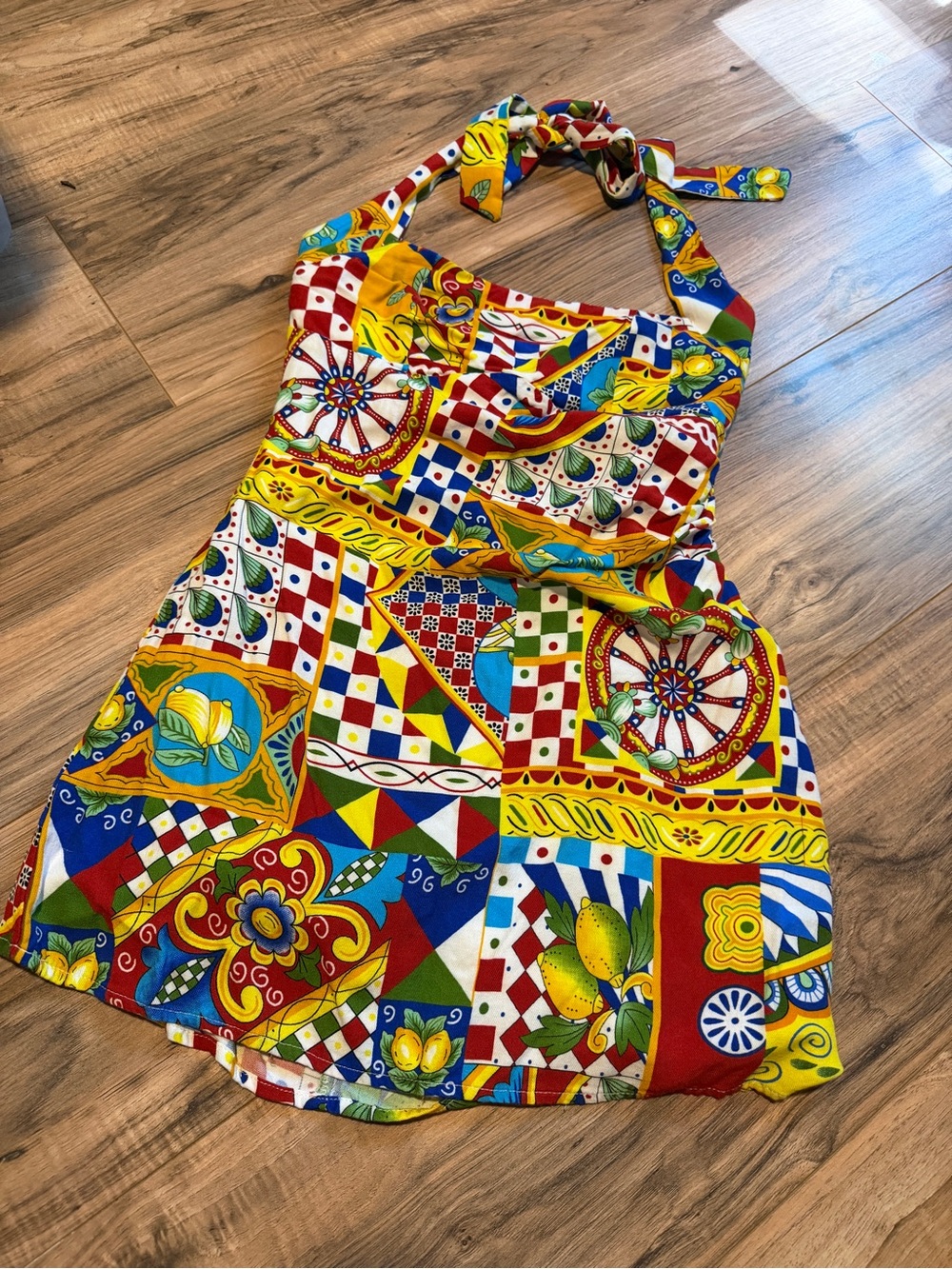 Colorful Patchwork Halter Mini Dress - Multicolor